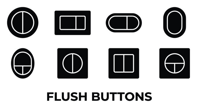 Set of eight flush buttons circular rectangular and oval shapes dual button designs black icons.