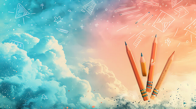 Creative educational background with standing pencils clouds and doodles plus left copy space for back to school sale.
