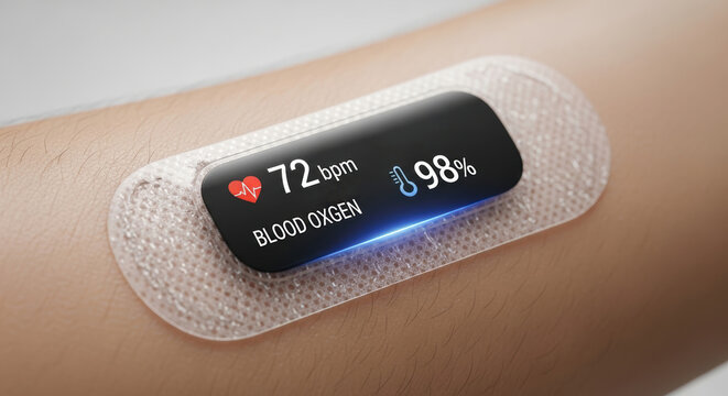 Wearable health monitor showing heart rate and blood oxygen level on arm for healthcare innovation and spending