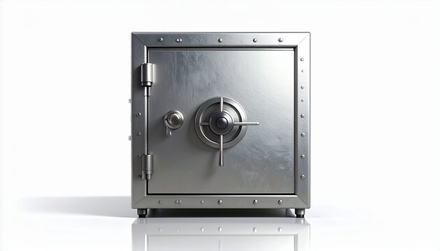 A secure metallic safe with a round dial and handle is positioned centrally on a reflective white surface.