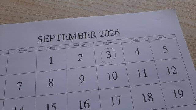 marking 3rd September 2026 date on the calendar	