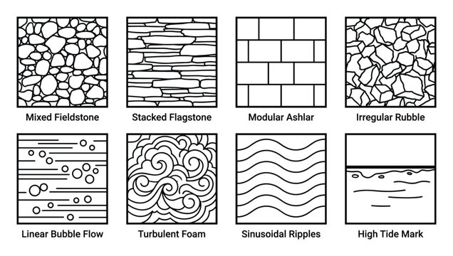 Set of various textures with stone and abstract pattern designs for backgrounds and surfaces.
