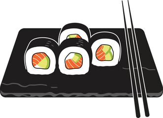 Fresh sushi rolls with salmon and avocado served on a black stone plate with a pair of wooden chopsticks for dinner © SAIF820