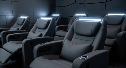 Fototapeta premium Luxurious dark cinema theater seats with adjustable lumbar support and modern ambient lighting for ultimate comfort