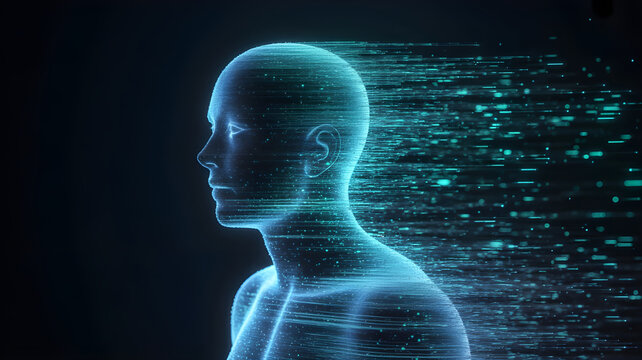 Abstract human silhouette dissolving into glowing digital particles, data fragments floating in dark space, futuristic identity concept, blue and cyan neon glow, ultra detailed, cinematic sci-fi style