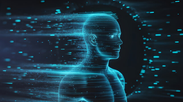 Abstract human silhouette dissolving into glowing digital particles, data fragments floating in dark space, futuristic identity concept, blue and cyan neon glow, ultra detailed, cinematic sci-fi style