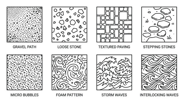 Stone ground textures and water patterns, gravel path, loose stone, paving, stepping stones, bubbles, foam, waves.