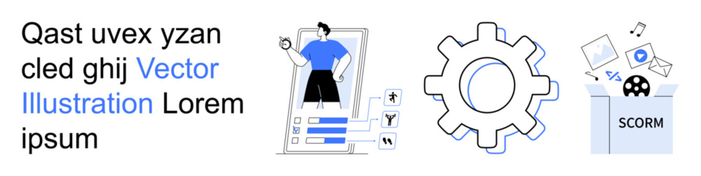 Education technology, learning management, digital tools, course development, e-learning design, system integration. Profile interface, gear icon SCORM box. Digital tools and education technology