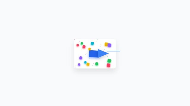 Abstract representation of digital transformation and data flow with colorful geometric shapes and an arrow signifying progress and movement