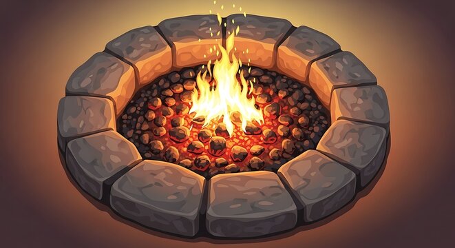 Warm Circular Fire Pit with Stone Ring in Dim Rustic Setting