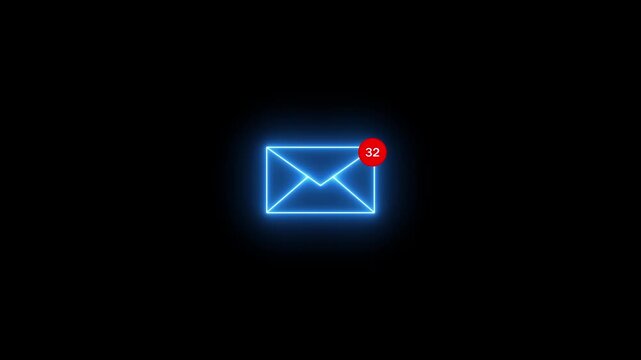 Bright Blue Neon Envelope with a Red Notification Badge Showing the Number Four Indicating New Unread Messages on a Black Background