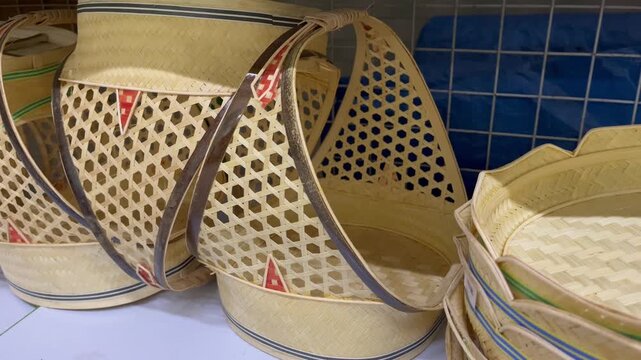 Traditional Indonesian bamboo woven baskets close up