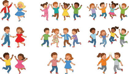 Fototapeta premium Cute cartoon children group collection with happy boys and girls playing together isolated on background