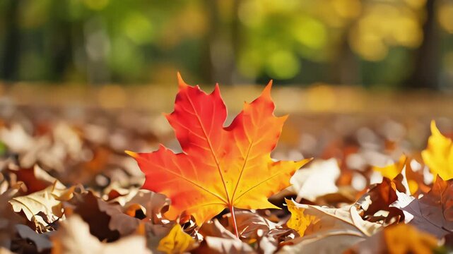 Vibrant red and orange maple leaf falling in slow motion onto a bed of autumn leaves in a sunlit forest