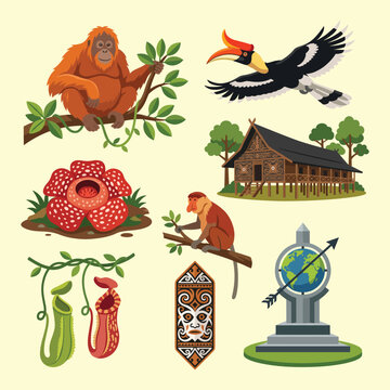 Traditional Borneo Nature And Cultural Wildlife Elements