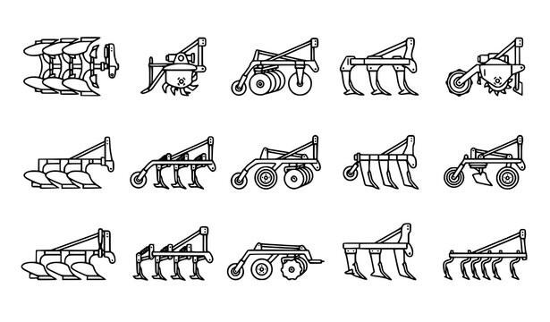 Flat Agricultural Plow Equipment Line Art Vector Collection for Tractor and Farm Machinery