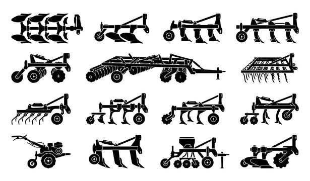 Agricultural Plow Machine Silhouette Vector Icons for Farming and Industrial Equipment Design
