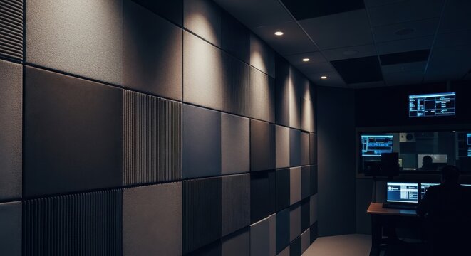 Modern acoustic panels lining the walls of a soundproofed room with subtle lighting