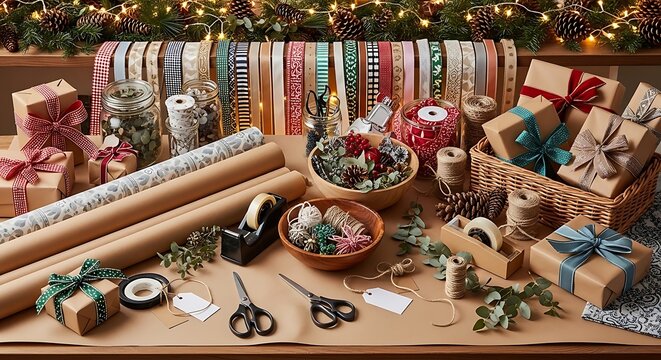 Christmas wrapping station with supplies.