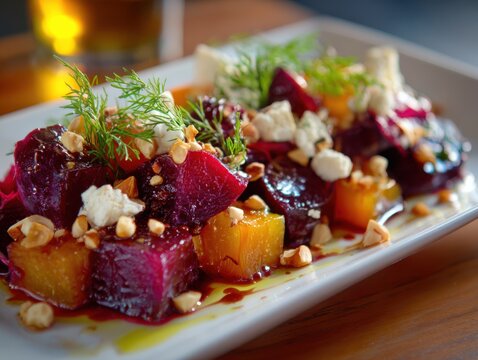 Colorful Beet Salad with Goat Cheese and Nuts on a White Platter Keywords: beet salad, beetroot, roasted beets, yellow beets, goat cheese, feta cheese, nuts, hazelnuts, dill