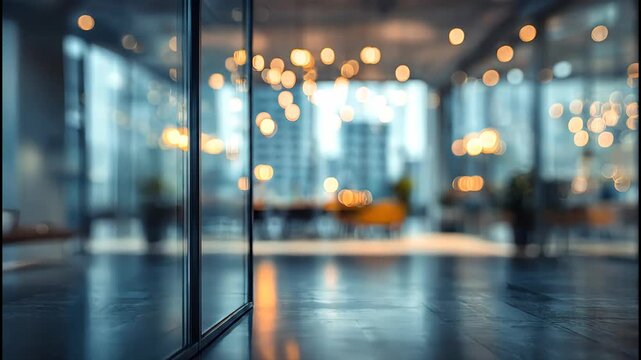 Modern, blurred office interior with glass partitions and warm bokeh lighting