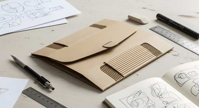 Creative process for developing a new product concept with sketches and prototypes on a wooden desk