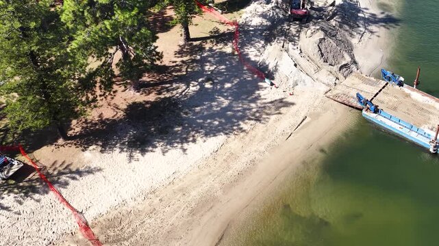 Aerial View of Beach Nourishment Dredging Barge and Excavator on Gold Coast
