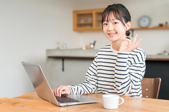 Elementary and middle school girls studying at home using a computer.