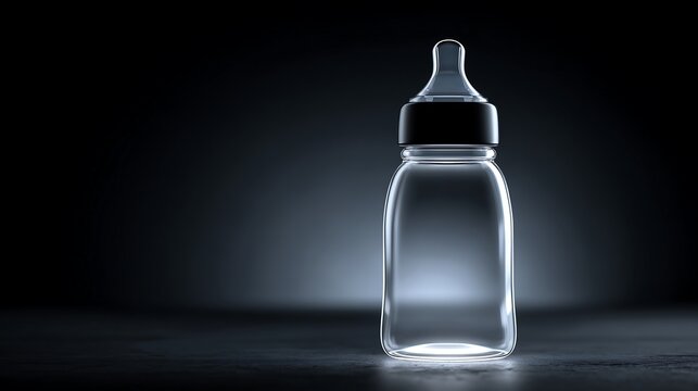 Baby bottle on dark background with soft spotlight lighting, elegant premium infant care product concept