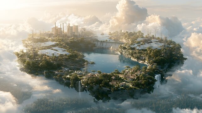 stock photo of a breathtakingly beautiful floating terra firma suspended between layers of dramatic atmospheric clouds, dual axis symmetrical composition showcasing a reinforced gravity dam 