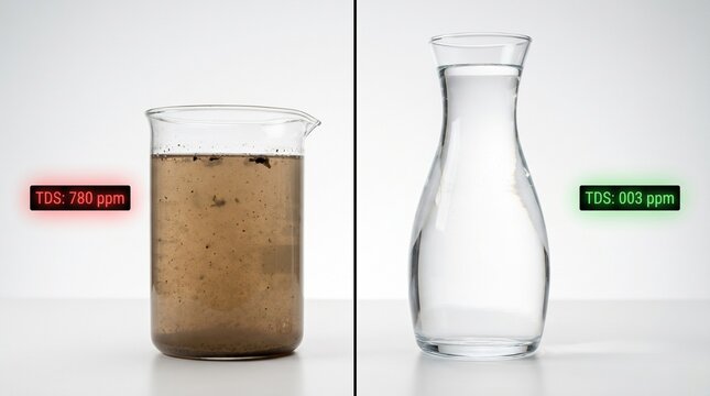 Two glass containers with different types of water on white background, one with high tds and one with low tds