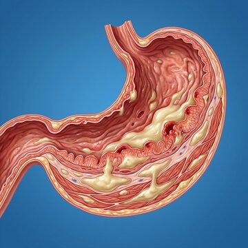Phlegmonous Gastritis (Severe Infection): A dramatic, detailed view of a severely swollen and purulent stomach wall, showing signs of deep bacterial infection and pus formation throughout the tissue l