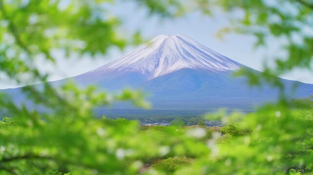 Scenic View of Mount Fuji through Lush Green Leaves 4K Generative AI