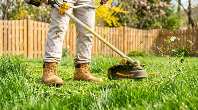 Close-up of a worker wearing work boots using a string trimmer to cut green grass in a sunny yard. Flying grass clippings highlight landscaping and yard maintenance work.