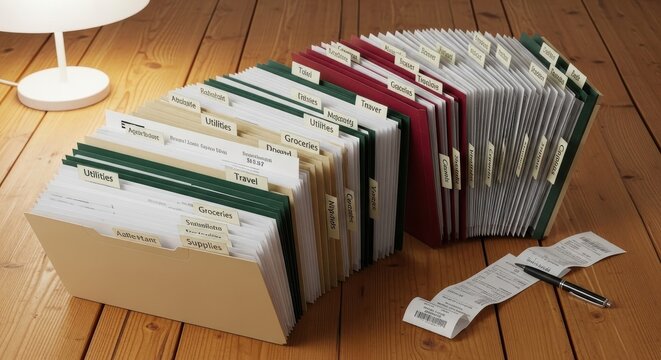 Expanding accordion folders neatly organized with labels for various categories like groceries and travel, showcasing efficient document management.