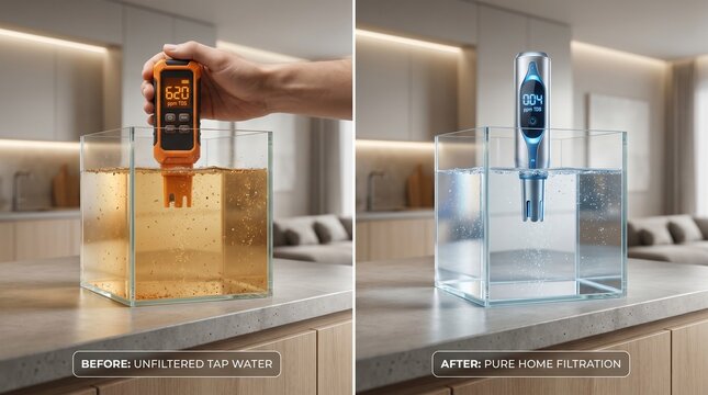 Before and after comparison of water filtration system with tds meter readings showing improvement from unfiltered tap water to pure home filtration