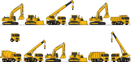 Construction vehicle set with excavator bulldozer crane truck dump truck and concrete mixer heavy machinery vector illustration © MdMojibar