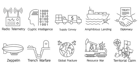 Geopolitics icons with radio telemetry intelligence diplomacy zeppelin trench warfare resource war.Editable stroke, Vector illustration, Line art Icon, Symbols. © K