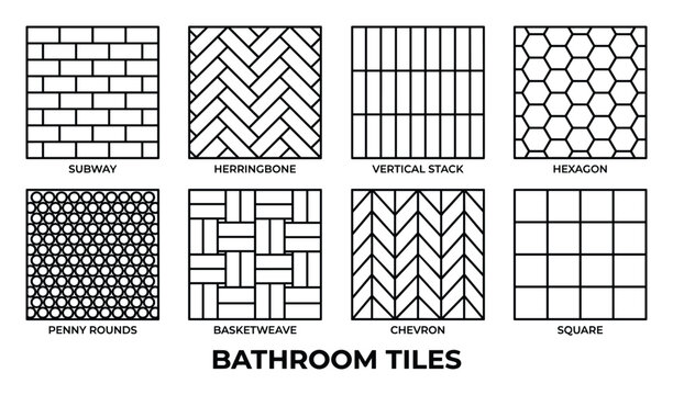 Eight different bathroom tile pattern designs with names isolated on white background.