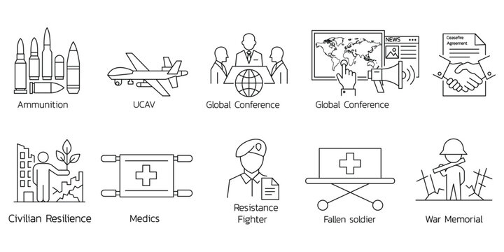 Military peace icons with ammunition drone global conference ceasefire agreement medics memorial.Editable stroke, Vector illustration, Line art Icon, Symbols.