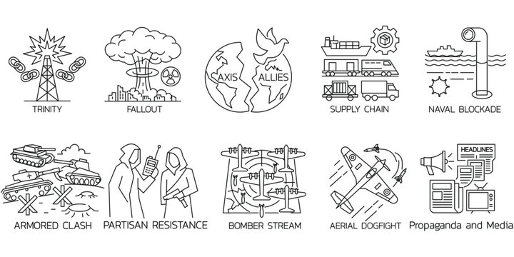 World War II icons with Trinity nuclear fallout axis allies supply chain tank battle.Editable stroke, Vector illustration, Line art Icon, Symbols.