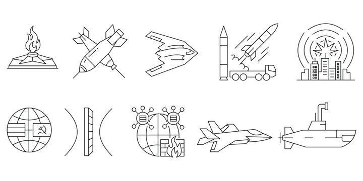Defense icons with eternal flame missiles stealth aircraft cyber firewall cold war submarine.Editable stroke, Vector illustration, Line art Icon, Symbols.