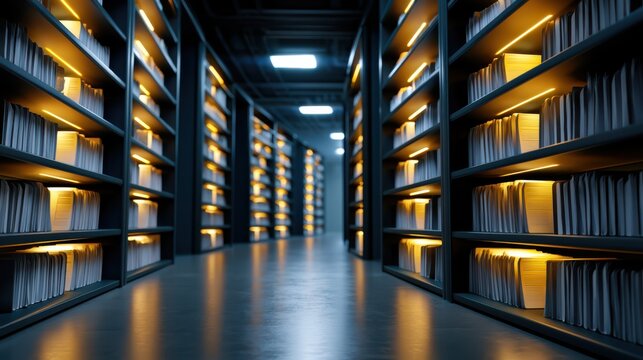 A dimly lit corridor of tall bookshelves filled with neatly organized books, illuminated by warm lights in a modern library setting.