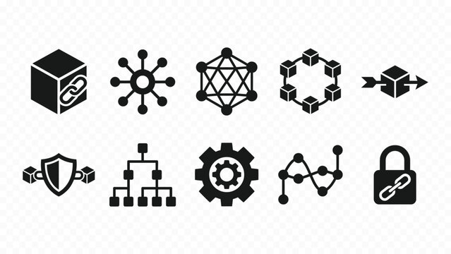 Solid black icon set of microchips CPUs and network nodes for semiconductor computer hardware processor tech