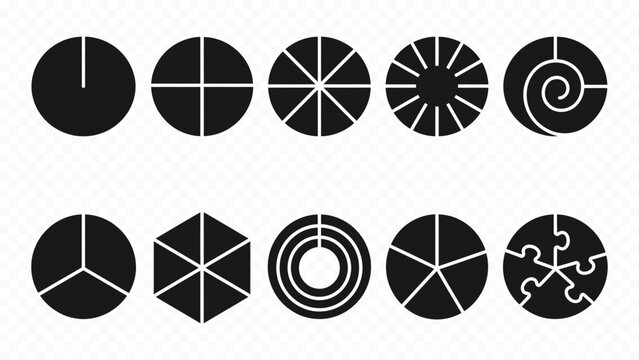 Solid black icon set of pie charts data graphs and business analytics presentations for finance statistics