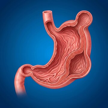 Gastric Diverticulum (Outpouching): A detailed illustration of the stomach showing a distinct, pouch-like sac (diverticulum) protruding from the outer wall, typically near the fundus. Blue background.