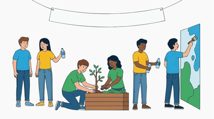 Fototapeta premium A group of individuals working together to plant a tree, water the sapling, and painting a mural, with a banner above them. A scene celebrating community, teamwork, and environmental action