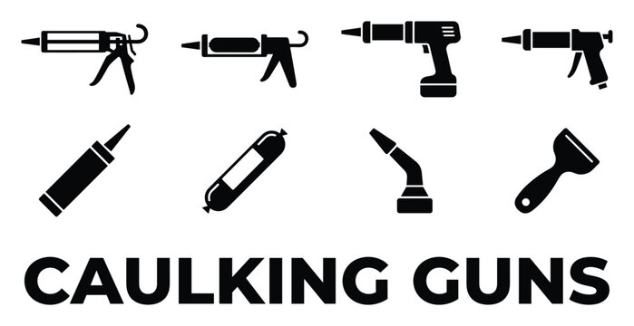 Set of caulking guns and sealants, professional tools for construction and repair, flat design icons.