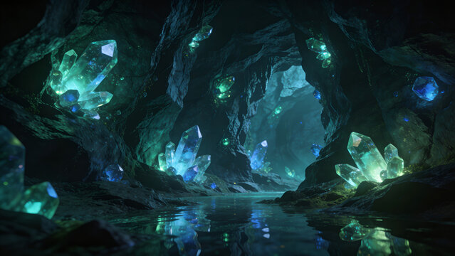 Glowing crystal cave with bioluminescent minerals, mystical underground cavern with blue quartz gems, magical subterranean grotto landscape
