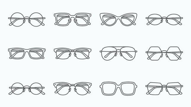 Collection of various eyeglasses and spectacle frames hand drawn line art style.